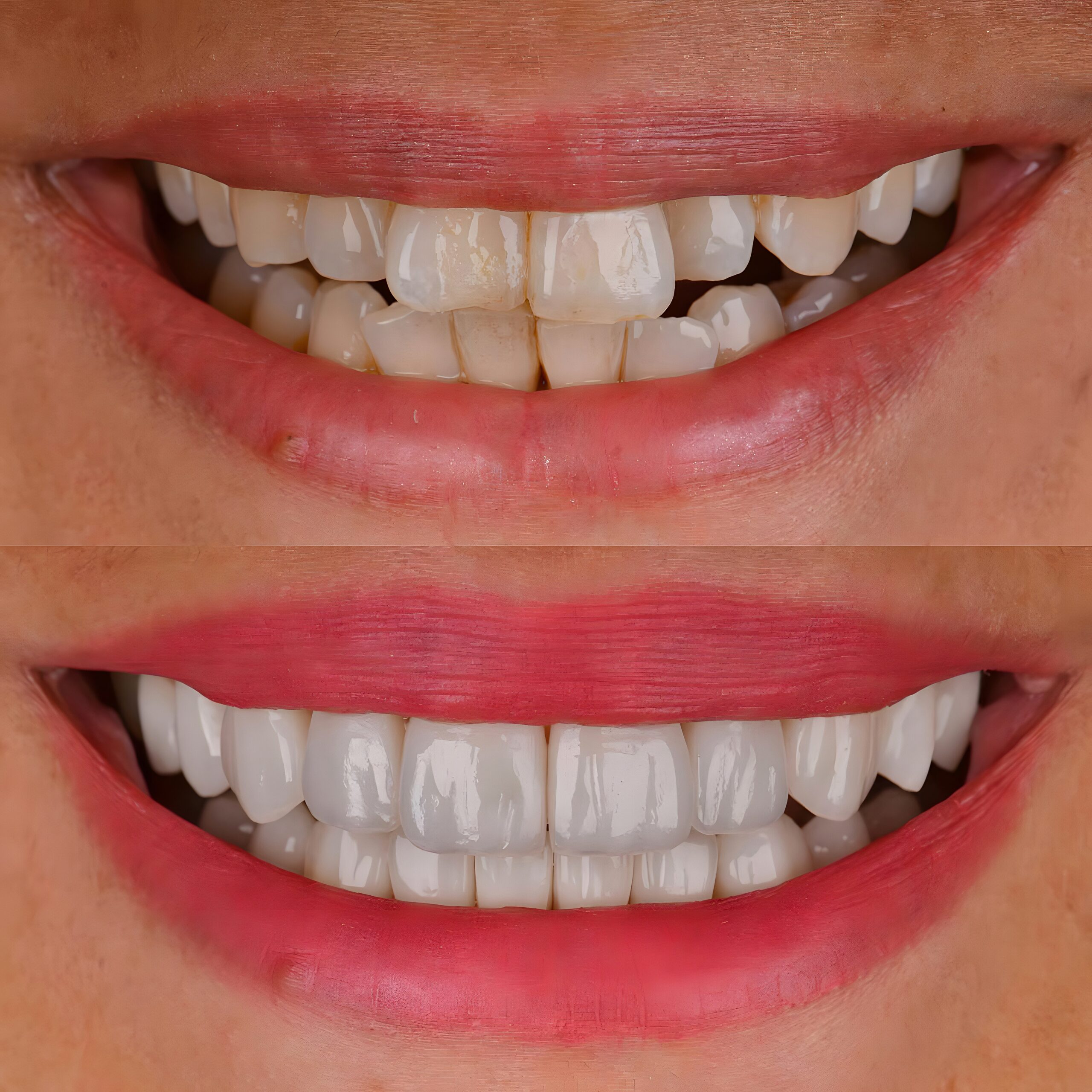 Smile design treatment with laminate veneers, porcelain crowns, and implant crowns in cosmetic dentistry: before and after photos of the dental makeover.